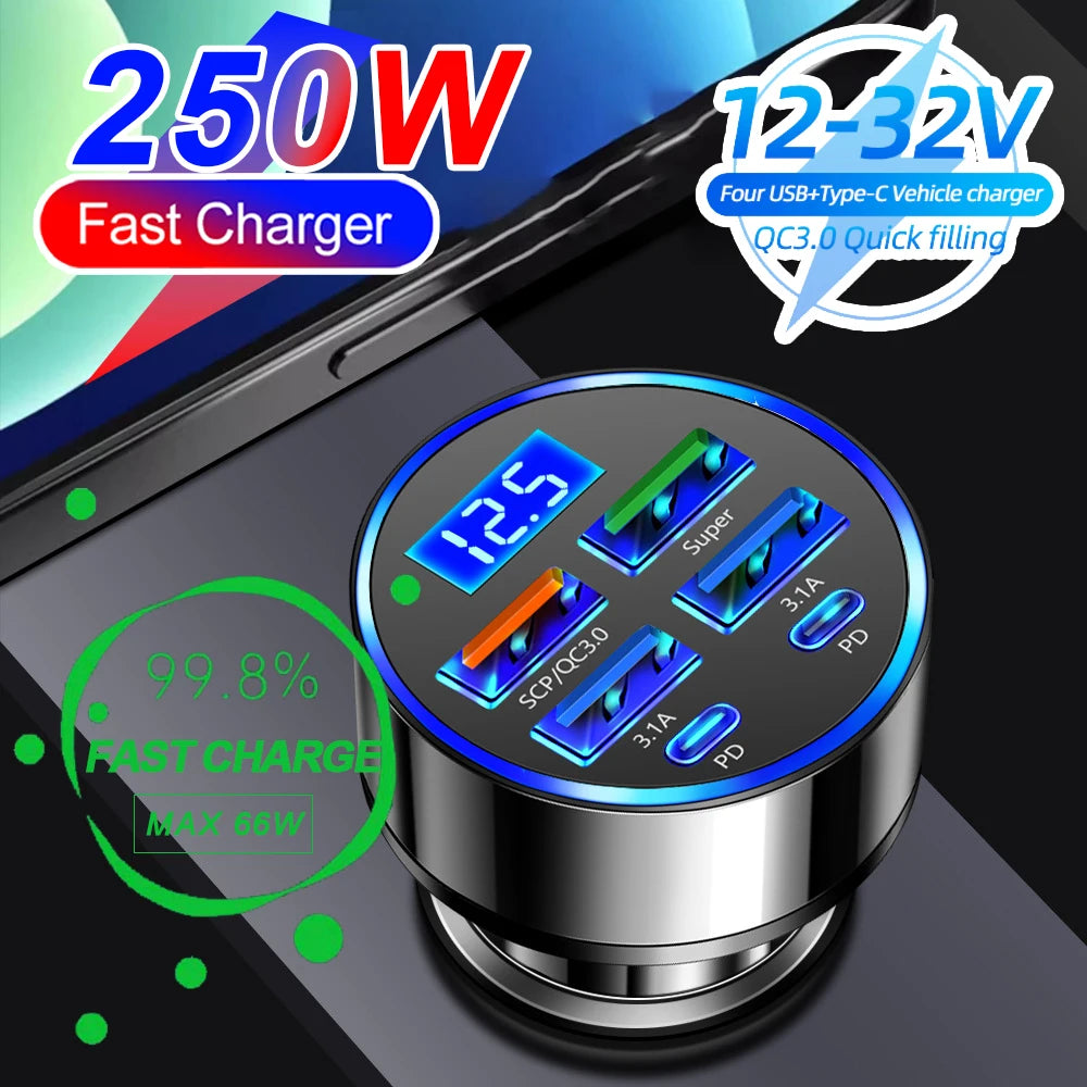 Fast Car Charger PD QC3.0 – Multi-Port USB Charger with Digital Display (Up to 250W)