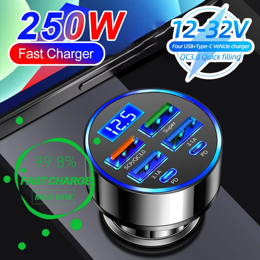 Fast Car Charger PD QC3.0 – Multi-Port USB Charger with Digital Display (Up to 250W)