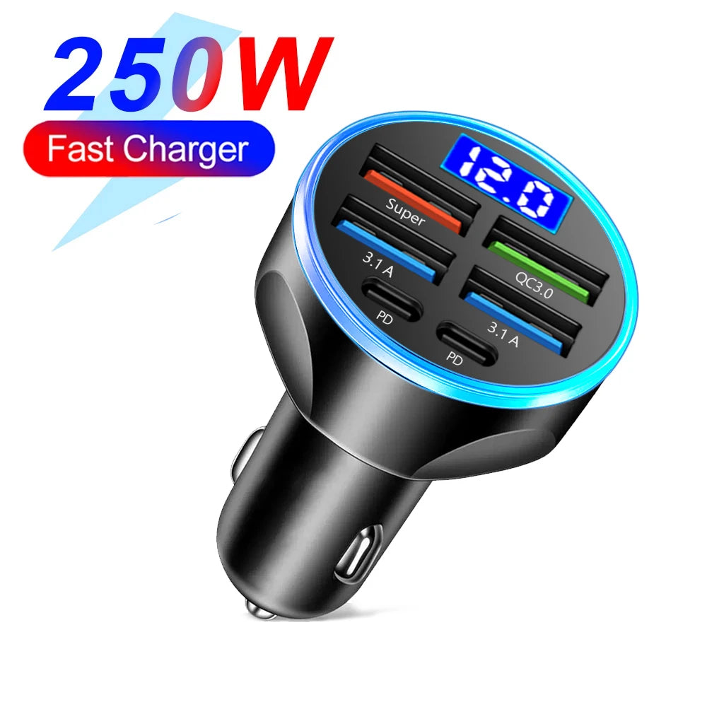 Fast Car Charger PD QC3.0 – Multi-Port USB Charger with Digital Display (Up to 250W)