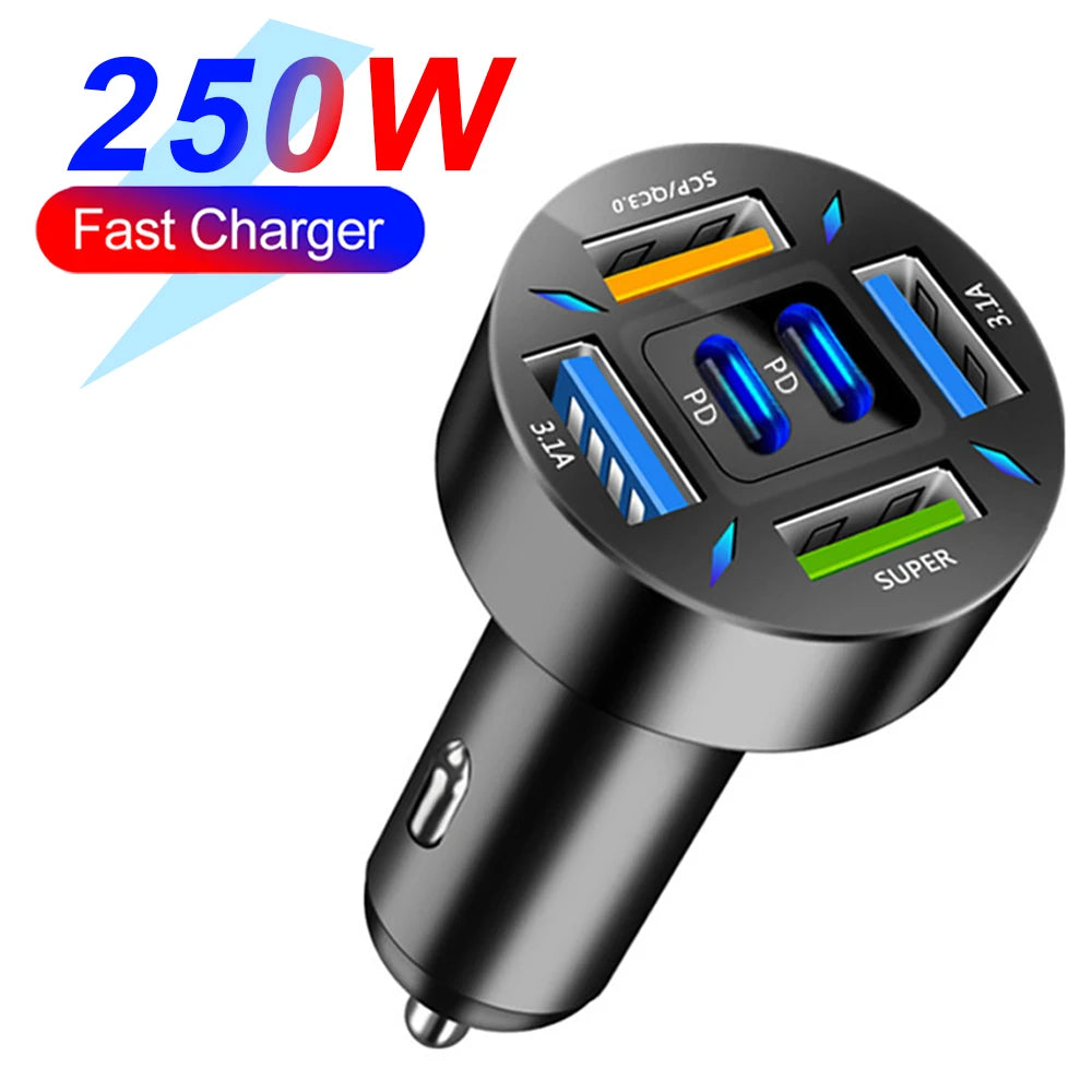 Fast Car Charger PD QC3.0 – Multi-Port USB Charger with Digital Display (Up to 250W)