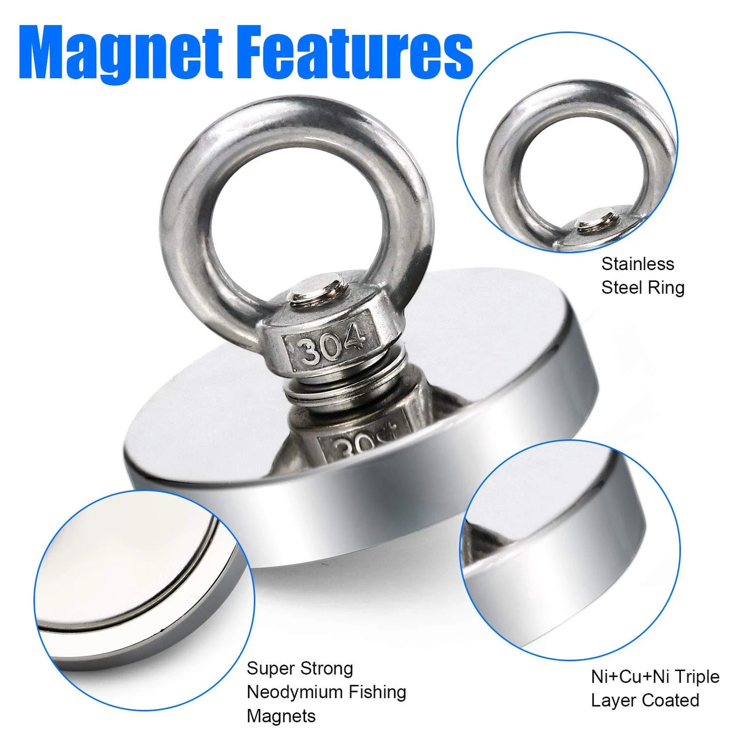 Super Strong Neodymium Fishing Magnet – Heavy Duty Salvage Magnet with Eyebolt for Treasure Hunting