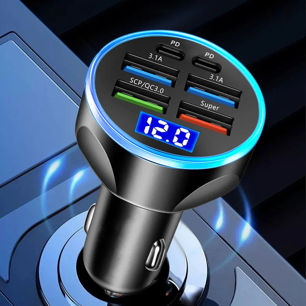 Fast Car Charger PD QC3.0 – Multi-Port USB Charger with Digital Display (Up to 250W)