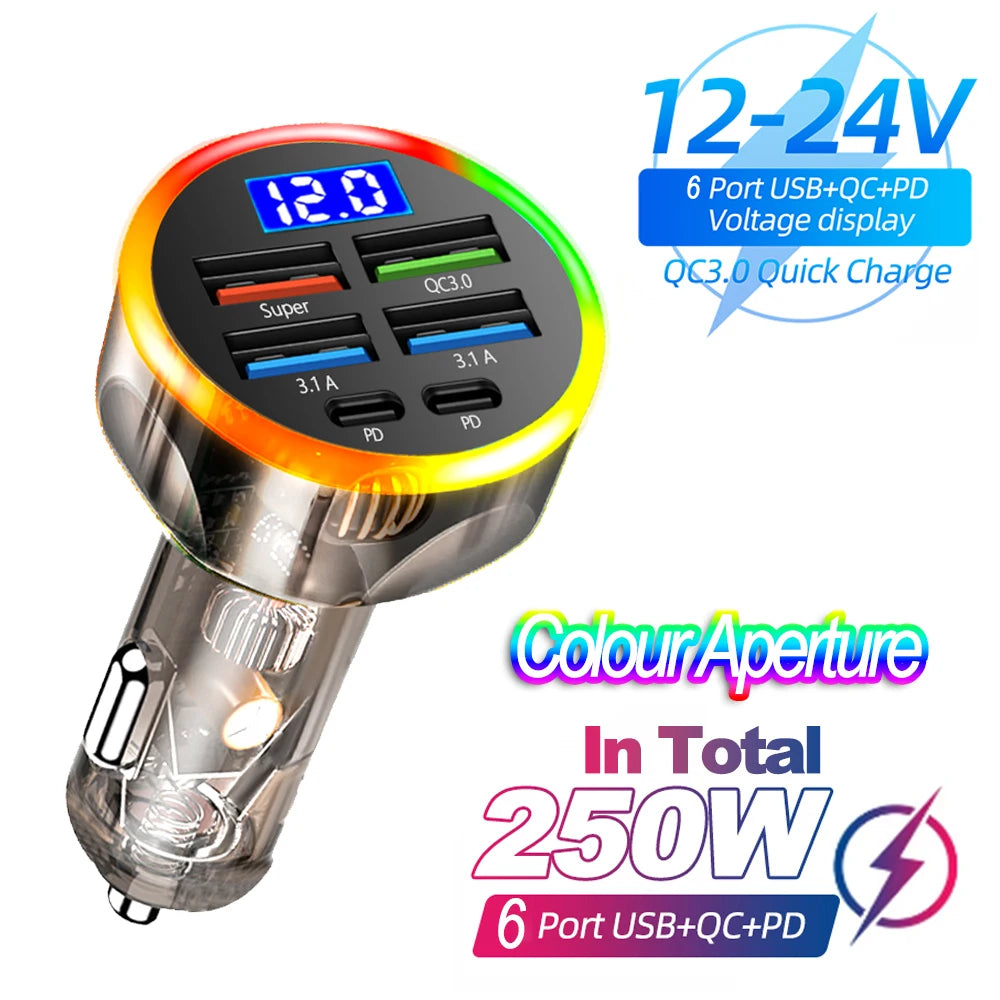 Fast Car Charger PD QC3.0 – Multi-Port USB Charger with Digital Display (Up to 250W)