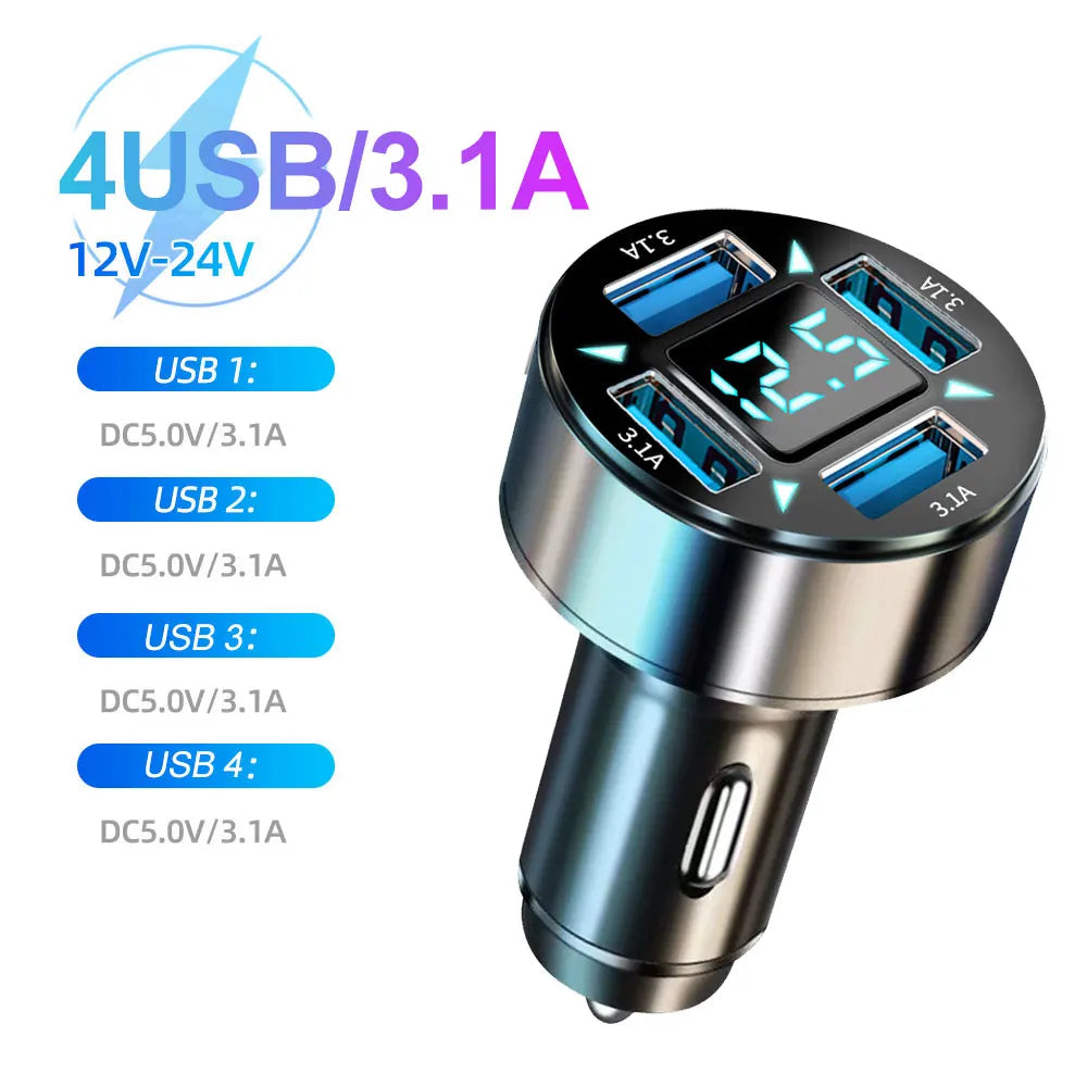 Fast Car Charger PD QC3.0 – Multi-Port USB Charger with Digital Display (Up to 250W)